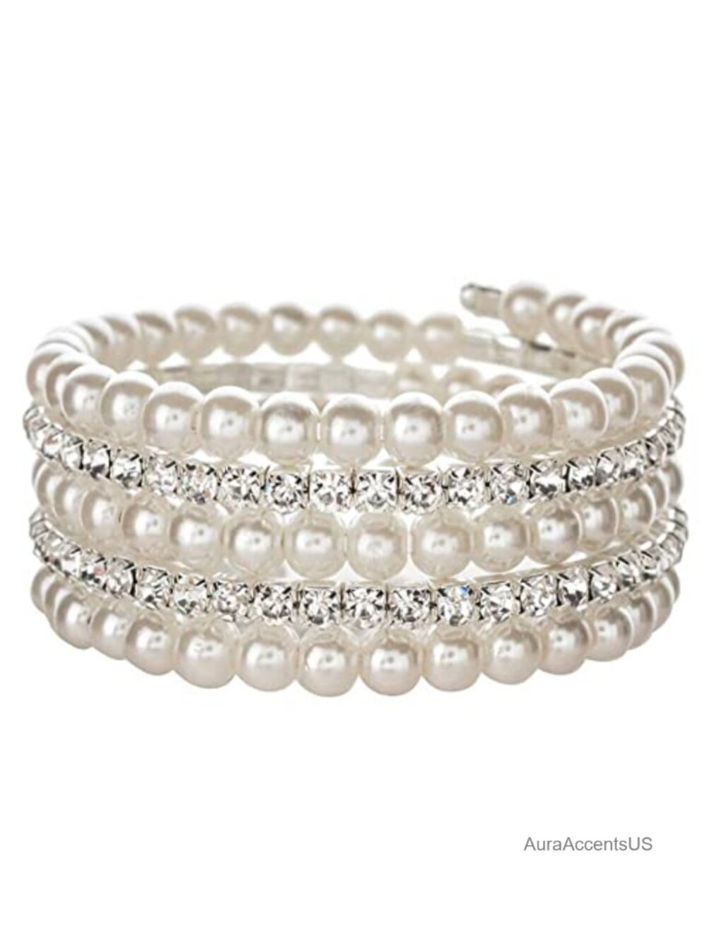 Chunky Imitation Pearl Bracelet Multi Row Rhinestone Stackable Wrap Open Cuff